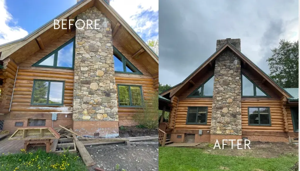 A before and after image of a log cabin that's been restored and stained